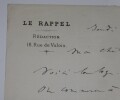 LETTRE AUTOGRAPHE SIGN&Eacute;E, LE RAPPEL, R&Eacute;DACTION. Auguste Vacquerie