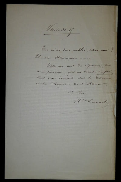 LIONNET Hippolyte - LETTRE AUTOGRAPHE SIGN&Eacute;E, CHANTEUR PAROLIER, PARIS. Hippolyte Lionnet
