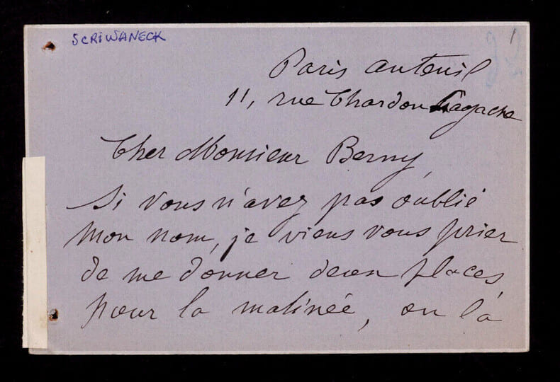 Augustine C&eacute;leste SCRIWANECK, Com&eacute;dienne - CARTE-LETTRE AUTOGRAPHE SIGN&Eacute;E, 1900. Augustine C&eacute;leste SCRIWANECK