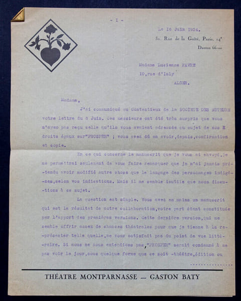 Gaston BATY - TAPUSCRIT SIGN&Eacute; DE 3 PAGES &Agrave; Lucienne FAVRE, Paris, 1934. Gaston Baty