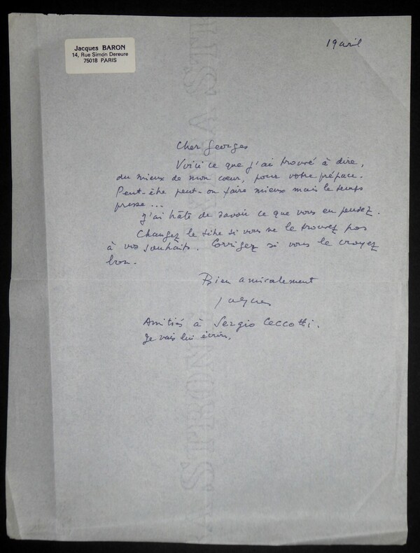 BARON Jacques LETTRE AUTOGRAPHE SIGN&Eacute;E &Agrave; Georges CANINO PR&Eacute;FACE ODYSS&Eacute;E COULEUR. Jacques Baron