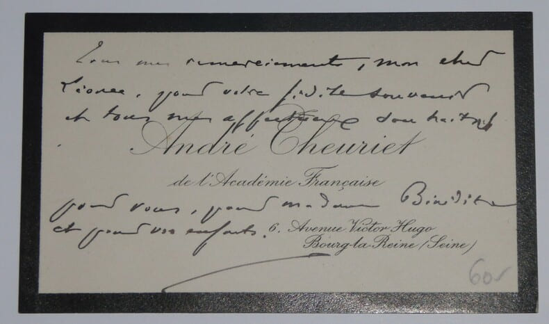 THEURIET Andr&eacute; - CARTE DE VISITE SIGNEE, ANNOTATIONS, ACAD&Eacute;MIE FRAN&Ccedil;AISE. Andr&eacute; Theuriet