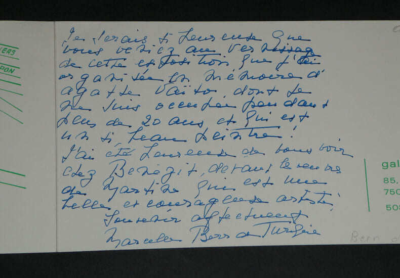 Invitation autographe sign&eacute;e &agrave; un vernissage en m&eacute;moire d'Agathe Va&iuml;to - 1978. Marcelle BERR de TURIQUE