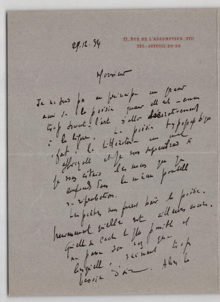 DENYS AMIEL - LETTRE AUTOGRAPHE SIGN&Eacute;E Po&eacute;sie, Paris 1934, 2 pages.. Denys AMIEL
