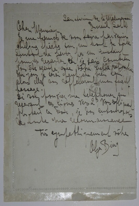 BING Olga - CARTE LETTRE AUTOGRAPHE SIGN&Eacute;E &Agrave; Henry LAPAUZE, 1919. Olga Bing