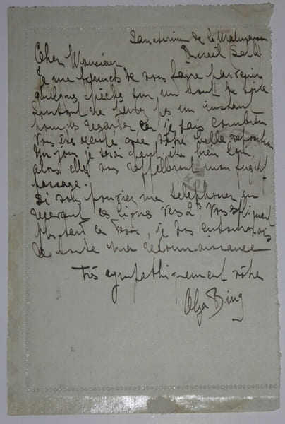 BING Olga - CARTE LETTRE AUTOGRAPHE SIGN&Eacute;E &Agrave; Henry LAPAUZE, 1919. Olga Bing
