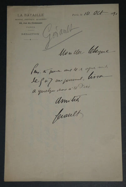 Alfred L&eacute;on G&Eacute;RAULT-RICHARD, Journaliste - LETTRE AUTOGRAPHE SIGN&Eacute;E 1890. Alfred L&eacute;on G&Eacute;RAULT-RICHARD