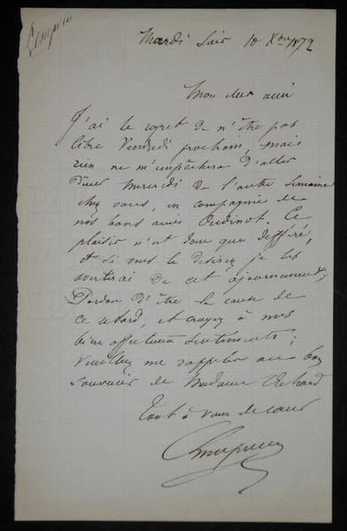 LENEPVEU Charles - LETTRE AUTOGRAPHE SIGN&Eacute;E, DECEMBRE 1872. Charles Lenepveu