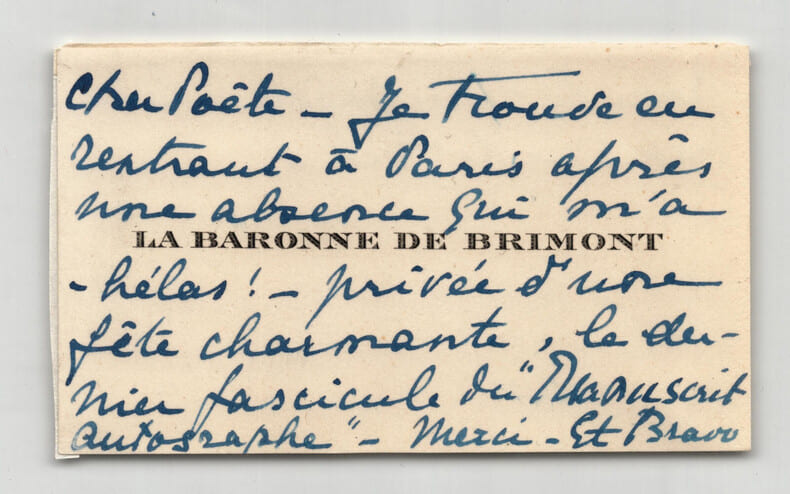 La Baronne Ren&eacute;e de Brimont - Carte de visite autographe &agrave; Armand Godoy - "Foch". La Baronne Ren&eacute;e de Brimont