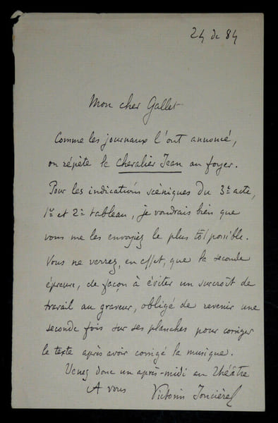 Victorin de JONCI&Egrave;RES - LETTRE AUTOGRAPHE SIGN&Eacute;E &Agrave; Louis GALLET, Paris, 1884. Victorin de Jonci&egrave;res