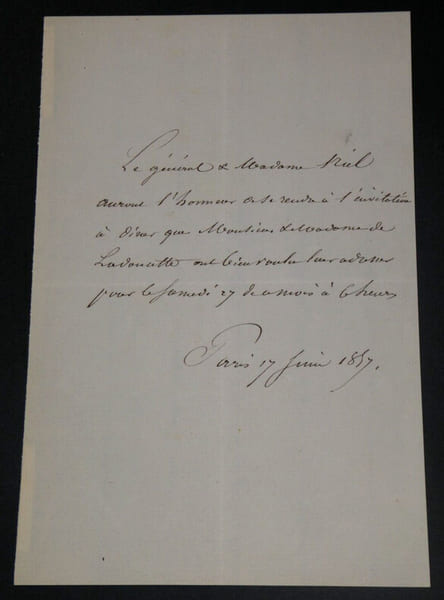 Adolphe NIEL, Ministre de la Guerre - Lettre autographe invitation 1857 Paris. Adolphe NIEL