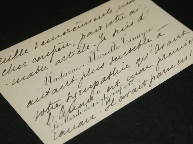 TINAYRE Marcelle - Carte de visite autographe sign&eacute;e, remerciements &agrave; un ami. Marcelle Tinayre