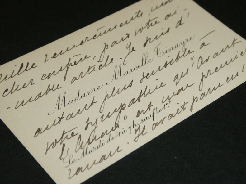 TINAYRE Marcelle - Carte de visite autographe sign&eacute;e, remerciements &agrave; un ami. Marcelle Tinayre