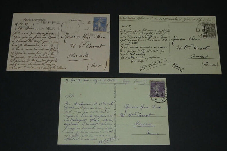 Ren&eacute; THUILLIER - LOT DE 3 CARTES POSTALES AUTOGRAPHES SIGN&Eacute;ES &Agrave; Henri CHENU, autour de Moli&egrave;re. Ren&eacute; THUILLIER