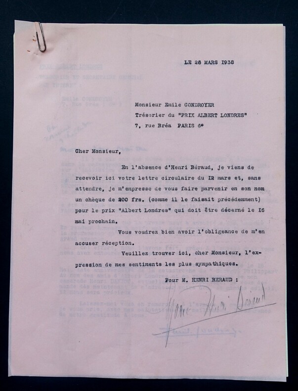Correspondance entre Emile Condroyer et la secr&eacute;taire d'Henri B&eacute;raud, mars 1938 – Prix Albert-Londres. Emile Condroyer ; Henri B&eacute;raud (secr&eacute;taire)