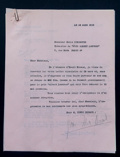 Correspondance entre Emile Condroyer et la secr&eacute;taire d'Henri B&eacute;raud, mars 1938 – Prix Albert-Londres. Emile Condroyer ; Henri B&eacute;raud (secr&eacute;taire)
