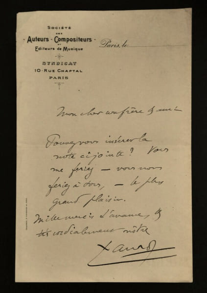 CARTE LETTRE AUTOGRAPHE SIGN&Eacute;E, SOCI&Eacute;T&Eacute; AUTEURS COMPOSITEURS. L&eacute;on Xanrof