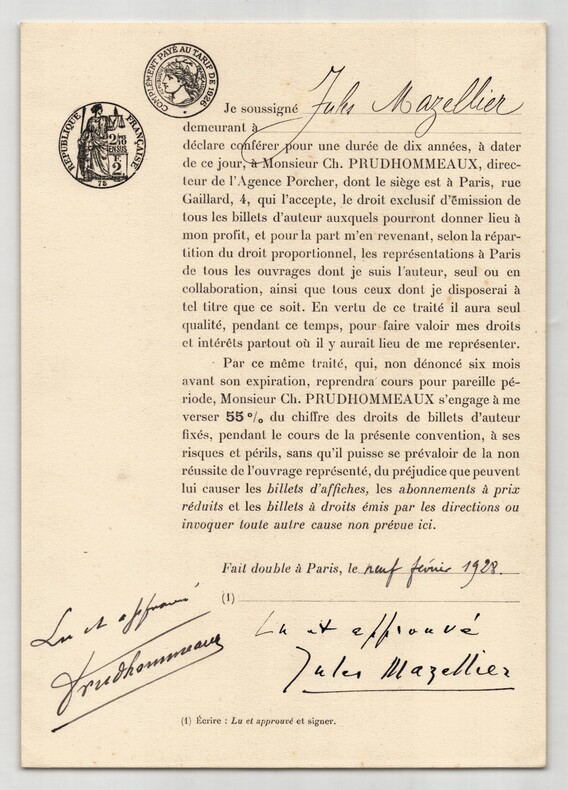 Pouvoir sign&eacute; Jules Mazellier – Collection coh&eacute;rente de 50 auteurs & musiciens. Jules Mazellier