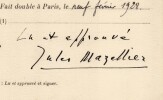 Pouvoir sign&eacute; Jules Mazellier – Collection coh&eacute;rente de 50 auteurs & musiciens. Jules Mazellier