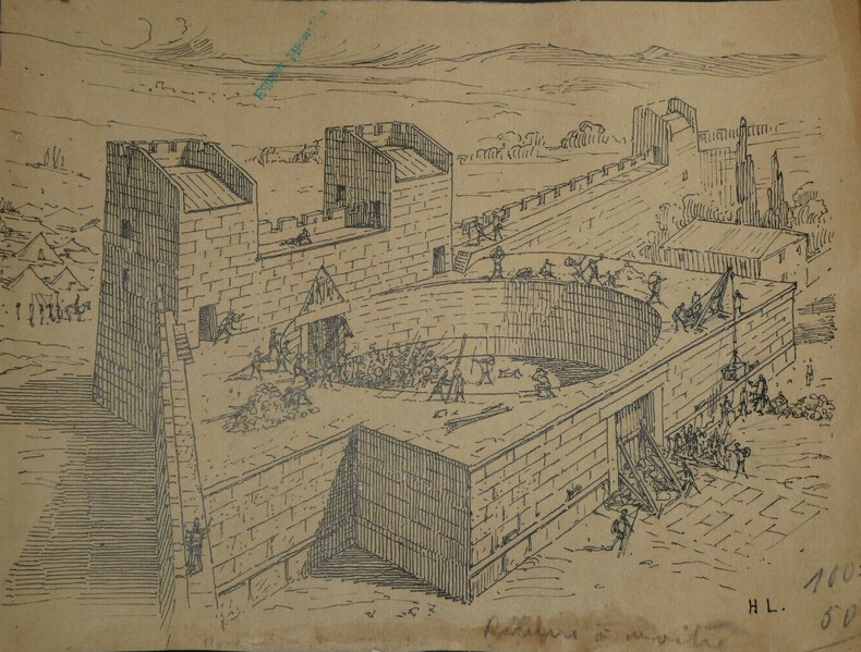 Vue de la porte de Mess&egrave;ne restaur&eacute;e - Dessin original sign&eacute;. Louis Henri Laffill&eacute;e