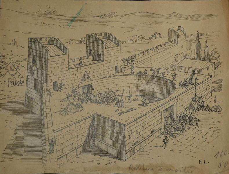 Vue de la porte de Mess&egrave;ne restaur&eacute;e - Dessin original sign&eacute;. Louis Henri Laffill&eacute;e