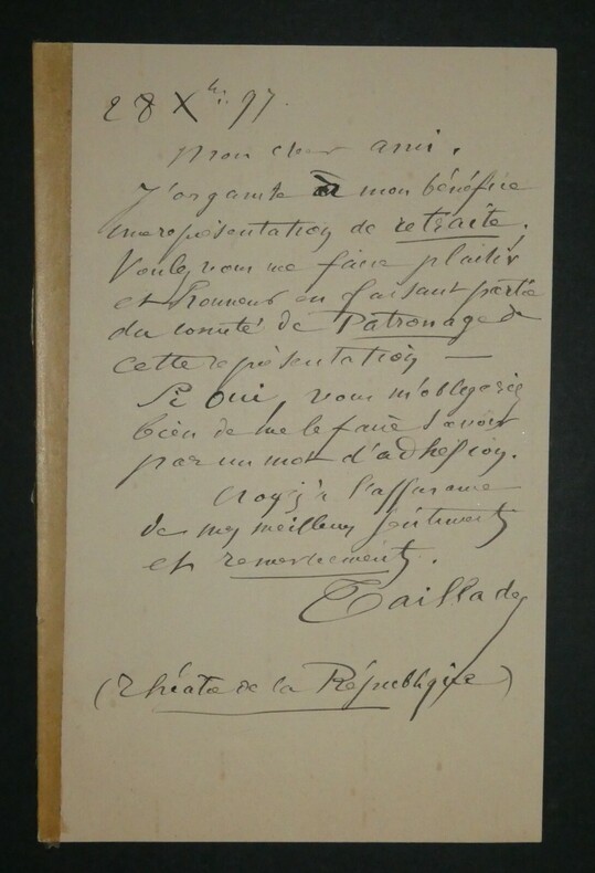 LETTRE AUTOGRAPHE SIGN&Eacute;E, TH&Eacute;&Acirc;TRE R&Eacute;PUBLIQUE 1897. TAILLADE Paul F&eacute;lix Joseph