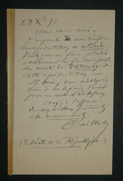 LETTRE AUTOGRAPHE SIGN&Eacute;E, TH&Eacute;&Acirc;TRE R&Eacute;PUBLIQUE 1897. TAILLADE Paul F&eacute;lix Joseph