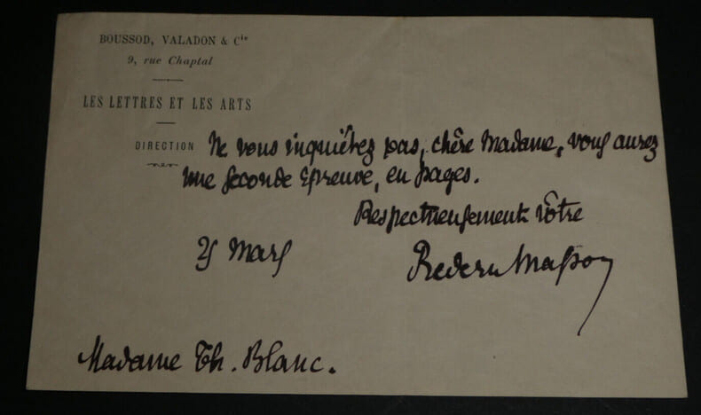 Fr&eacute;d&eacute;ric MASSON, Historien - CARTE-LETTRE AUTOGRAPHE SIGN&Eacute;E A MADAME TH. BLANC. Fr&eacute;d&eacute;ric MASSON