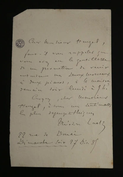 LETTRE AUTOGRAPHE SIGNEE &Agrave; Henri HEUGEL, 1885. Th&eacute;odore LACK