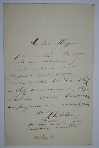 COHEN Jules - LETTRE AUTOGRAPHE SIGN&Eacute;E &Agrave; Henri HEUGEL, 1881. Jules Cohen