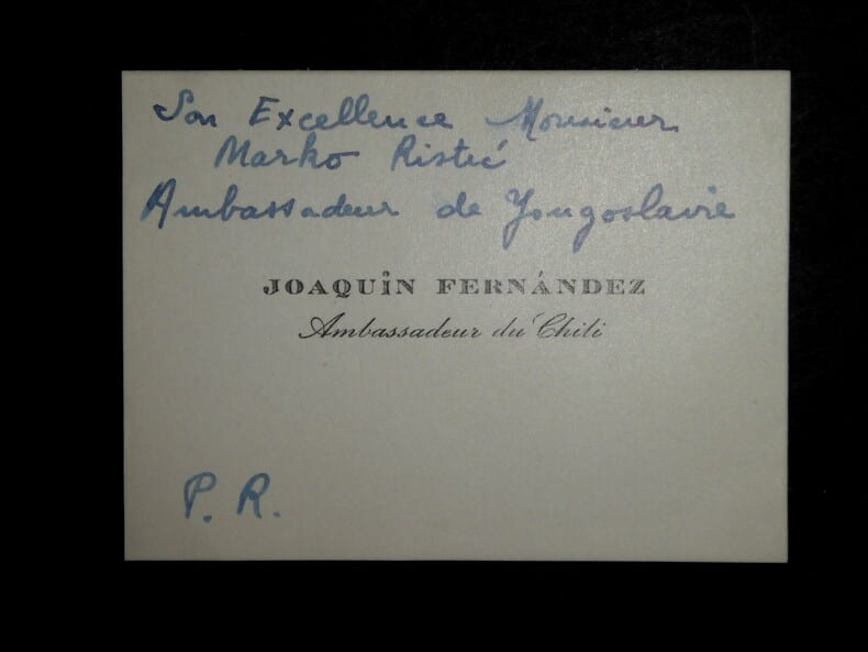 FERNANDEZ Joaquin - CARTE DE VISITE &Agrave; Marko RISTIC, AMBASSADEUR CHILI. Joaquin Fernandez
