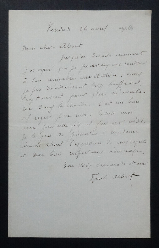 Paul ALBERT - LETTRE AUTOGRAPHE SIGN&Eacute;E &Agrave; Edmond ABOUT. Paul ALBERT