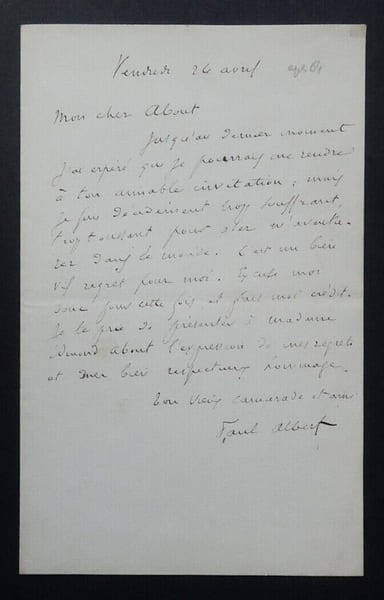 Paul ALBERT - LETTRE AUTOGRAPHE SIGN&Eacute;E &Agrave; Edmond ABOUT. Paul ALBERT