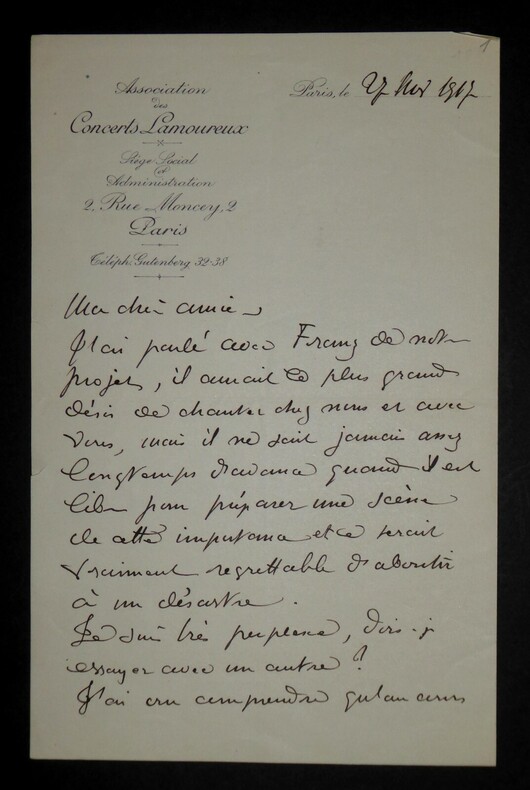 CHEVILLARD Camille - LETTRE AUTOGRAPHE SIGN&Eacute;E, CONCERTS LAMOUREUX, PARIS, 1917. Camille Chevillard