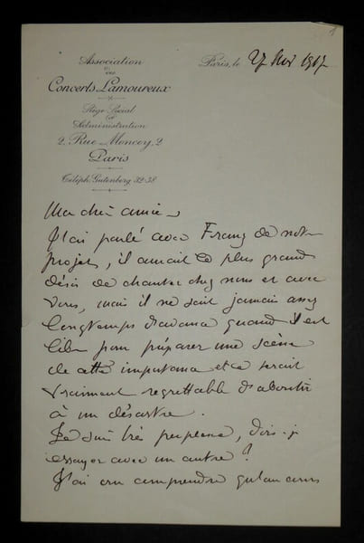 CHEVILLARD Camille - LETTRE AUTOGRAPHE SIGN&Eacute;E, CONCERTS LAMOUREUX, PARIS, 1917. Camille Chevillard