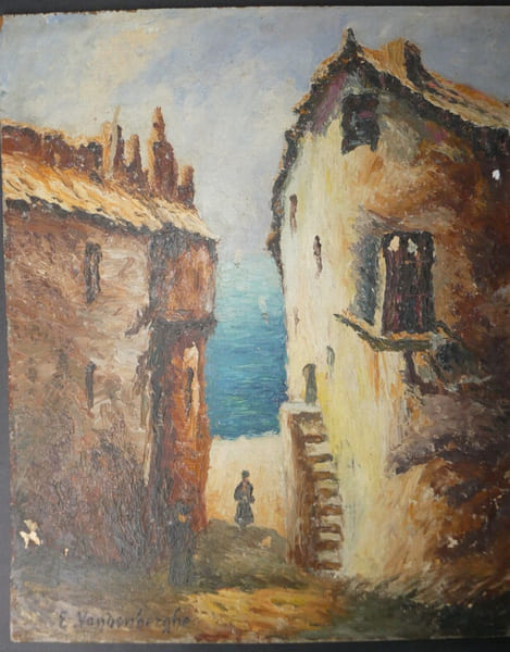 Peinture sur bois, sign&eacute; E. Vandenberghe, d&eacute;cembre 1956. E. Vandenberghe