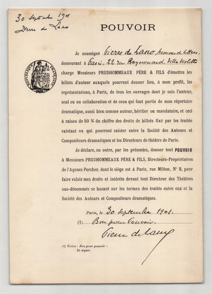 Pouvoir sign&eacute; Pierre de Lano – Collection coh&eacute;rente de 50 auteurs & musiciens. Pierre de Lano