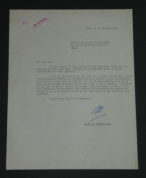 Henry de Montherlant - Lettre dactylographi&eacute;e sign&eacute;e &agrave; Michel de Saint Pierre - 1954. Henry de Montherlant