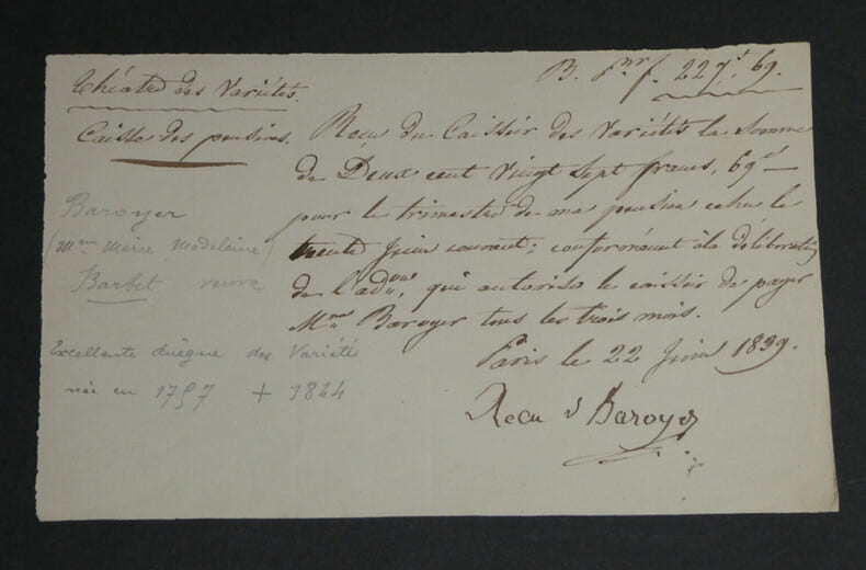 Marie-Madeleine BAROYER - Re&ccedil;u de pension Th&eacute;&acirc;tre des Vari&eacute;t&eacute;s autographe sign&eacute;. Marie-Madeleine BAROYER