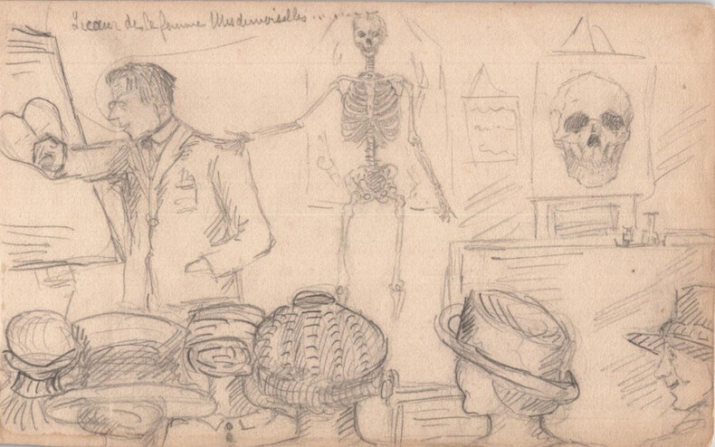 Esquisse au crayon de bois humoristique "Le cœur de la femme Mesdemoiselles". 