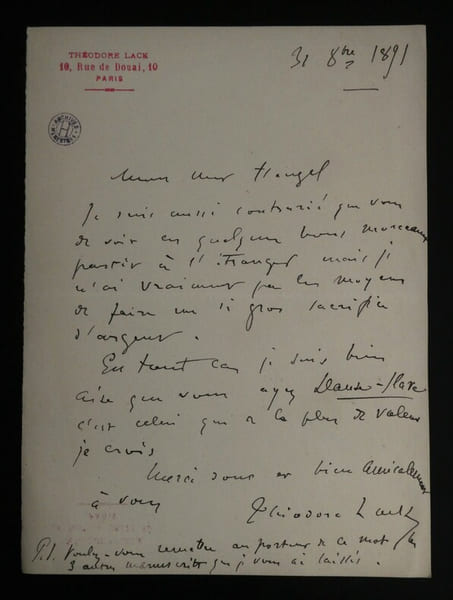 LETTRE AUTOGRAPHE SIGN&Eacute;E &Agrave; Henri HEUGEL, 1891. Th&eacute;odore LACK