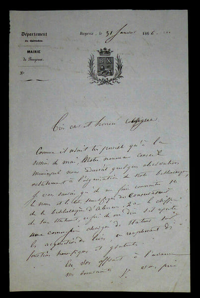 LETTRE AUTOGRAPHE SIGN&Eacute;E. BAYEUX, 1866. Georges Victor Gardin de Villers