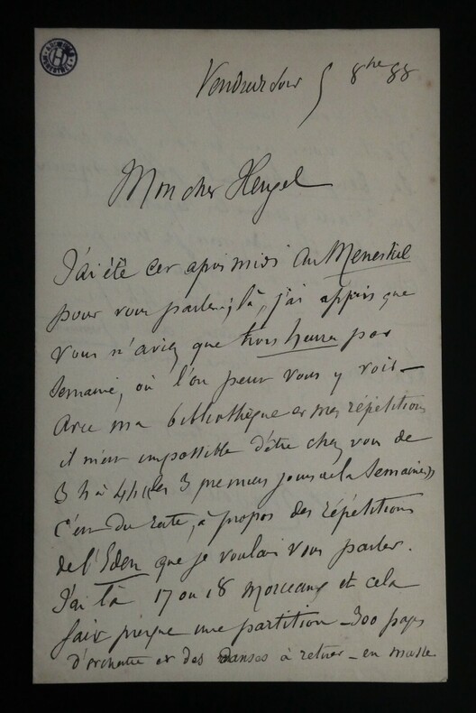 LETTRE AUTOGRAPHE SIGN&Eacute;E &Agrave; HEUGEL, 1888. Th&eacute;odore Lajarte
