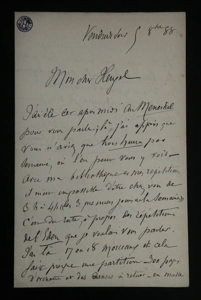 LETTRE AUTOGRAPHE SIGN&Eacute;E &Agrave; HEUGEL, 1888. Th&eacute;odore Lajarte