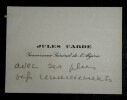 Jules CARDE, Gouverneur G&eacute;n&eacute;ral de l'Alg&eacute;rie - CARTE DE VISITE AUTOGRAPHE. Jules Carde