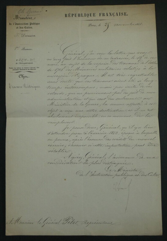 Charles GIRAUD, Homme politique - LETTRE SIGN&Eacute;E AU G&Eacute;N&Eacute;RAL PELET 1851. Charles GIRAUD