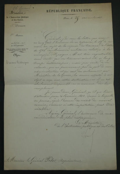 Charles GIRAUD, Homme politique - LETTRE SIGN&Eacute;E AU G&Eacute;N&Eacute;RAL PELET 1851. Charles GIRAUD