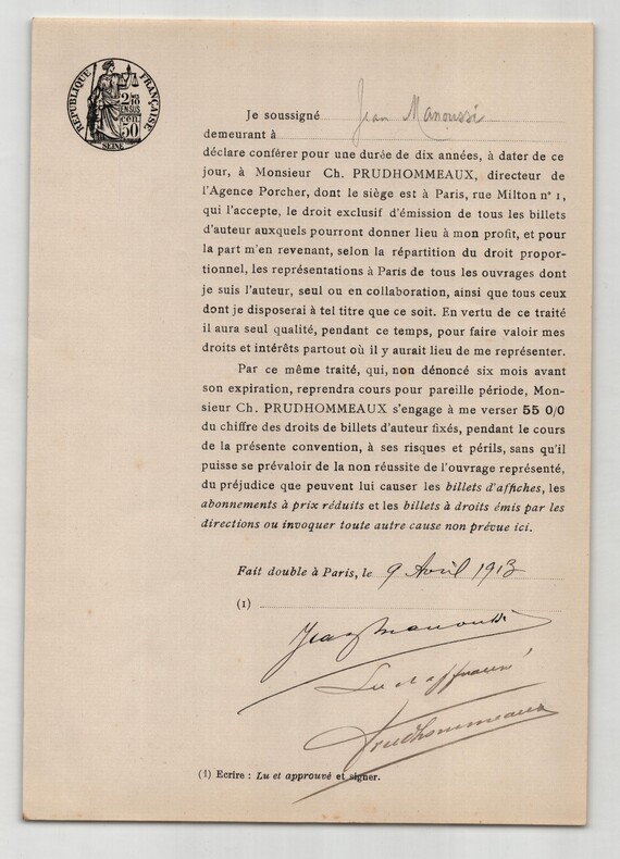 Pouvoir sign&eacute; Jean Manoussi – Collection coh&eacute;rente de 50 auteurs & musiciens. Jean Manoussi