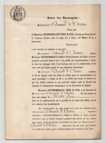 Pouvoir sign&eacute; par Armand d'Artois – Collection de 50 auteurs & musiciens. Armand d'Artois