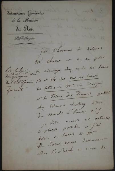 BARBIER Antoine Alexandre LETTRE AUTOGRAPHE SIGNEE, MAISON DU ROI SEVIGNE. Barbier, Antoine-Alexandre